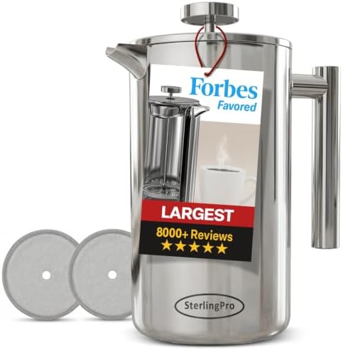 SterlingPro 1.75 L 59 oz Mirror Extra Large French Press Coffee Maker and 2 Pack Replacement Screens Bundle Stainless Steel Double Wall Insulated for Tea and Coffee by SterlingPro