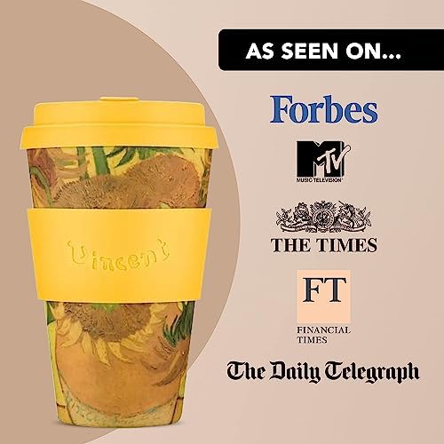 Ecoffee Cup 14oz (400ml) Van Gogh Reusable Coffee Cup – PLA Plant-Based Travel Mug with Silicone Lid, Melamine Free & Dishwasher Safe – Sunflowers - Image 6