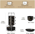 MALACASA 2.5 OZ Porcelain Espresso Cups with Saucers and Metal Stand Set of 4, Stackable Cappuccino Cups, Marble Black Expresso Shots Cup Set for Coffee Drinks, Latte, Tea - Image 2