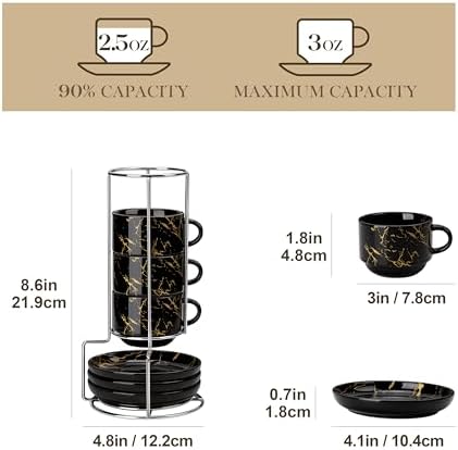MALACASA 2.5 OZ Porcelain Espresso Cups with Saucers and Metal Stand Set of 4, Stackable Cappuccino Cups, Marble Black Expresso Shots Cup Set for Coffee Drinks, Latte, Tea - Image 2