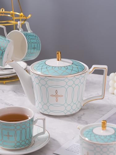 Serve of 4-Blue Teacup Set, with Teapot-Sugar Bowl-Creamer and Holder - Image 5