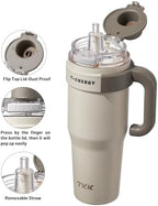TKK 40 oz Insulated Tumblers with Handle and Straw, Stainless Steel Travel Mug with Ceramic Coating, Leak Proof Double Walled Iced Coffee Cup with Strainer for Hot & Cold Drinks, Beige - Image 2