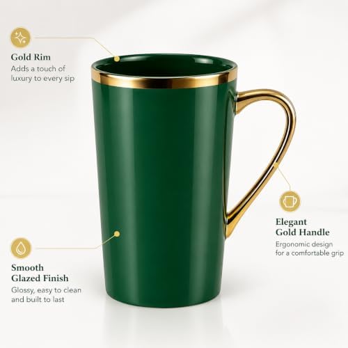 Green and Gold Coffee Mugs Set of 6, 12 oz Porcelain - Image 3