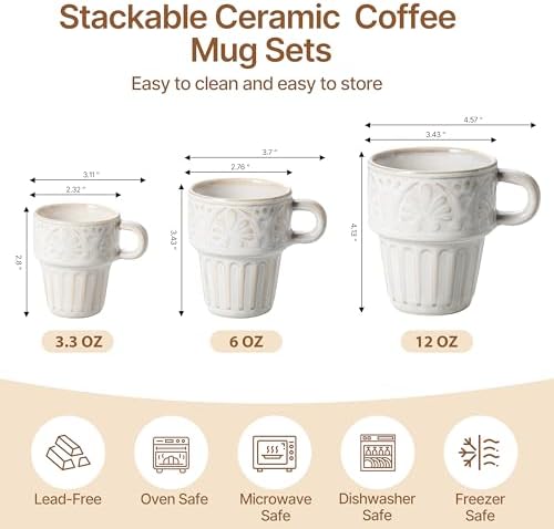 LYEOBOH Cappuccino Cups, Espresso Cups, Coffee Mugs Set of 6, Ceramic Cup, 6 OZ Beige Stackable Mug Set of 6, Easy To Clean Comfortable Handle for All Ages, Great for Party Dinner & Festival Gifts - Image 2