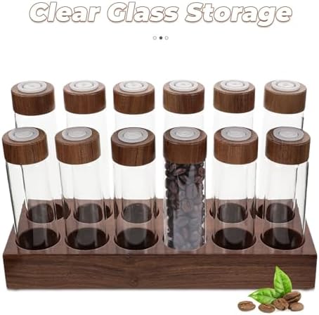 Glass Coffee Bean Storage Vials with Wooden Lid and Walnut Base Display - Image 3
