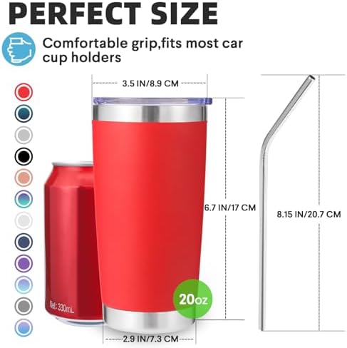 Volhoply 20oz Stainless Steel Tumbler with Lid and Straw Bulk 8 Pack,Double Wall Insulated Travel Iced Coffee Mug Fits Cup Holder,Powder Coated Cups for Hot/Cold Drinks,Christmas Gifts（Red,8 Set） - Image 2