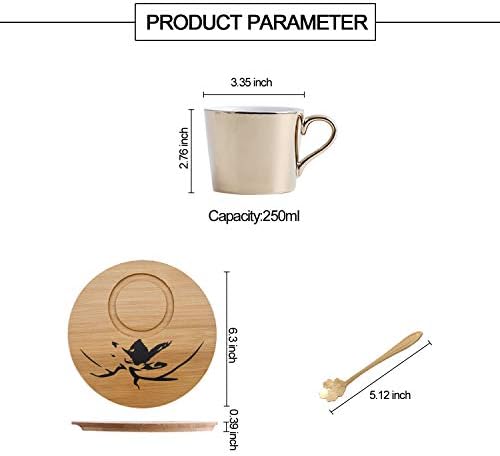 Mirror Cup and Saucer Set Cappuccino Cups Set of 2 Ceramic Gold Animal Espresso Cups with Saucers and Spoons 8 Ounce Tea Coffee Cup with Wood Saucer, Set of 2, Golden Best Gift - Image 7