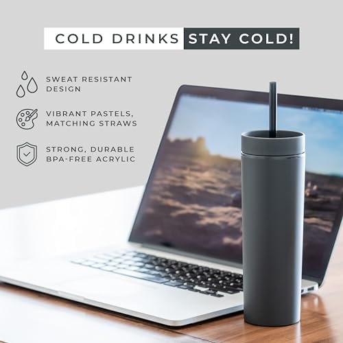 STRATA CUPS Black Skinny Tumblers with Lids and Straws (12 pack) - 16oz Double Wall Acrylic Tumbler, Tall Matte Skinny Tumblers, Bulk with Free Straw Cleaner, Reusable Cups - Image 2