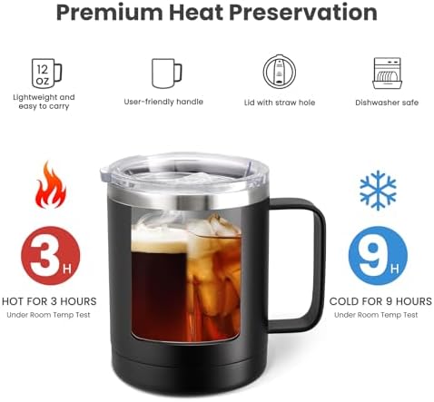 MEWAY 12oz Coffee Mug With Handle 8 Pack Bulk,Stainless Steel Insulated Travel Tumblers With Sliding Lid,Double Wall Vacuum Camping Cup for Hot & Cold Drinks Tea (Black,Set of 8) - Image 3