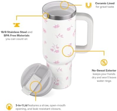 RTIC 40oz Road Trip Tumbler, Insulated, Ceramic Lined, Pink Magnolias - Image 3