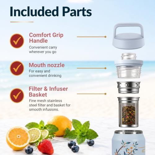 Farasi Tea Infuser Bottle for Loose Leaf Tea Insulated Stainless Steel Water Bottle Tumbler - Portable Coffee, Fruit, Loose Leaf Infuser Mug- Leakproof Blue Floral 24 oz - Image 4