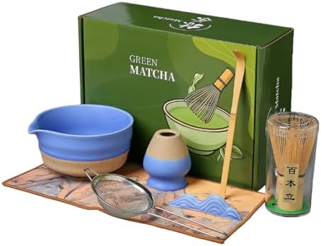 7Pcs Japanese Matcha Whisk Set, Ceramic Matcha Kit with Matcha Bowl,Matcha Whisk, Scoop, Sifter, Whisk Holder Unique Gifts for Matcha Lovers,Gift Box Packaging (Blue) by WelcomeToFEISWU