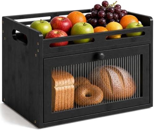 Bread Box for Kitchen Countertop, Bamboo Storage with Top Shelf, Black by Unknown
