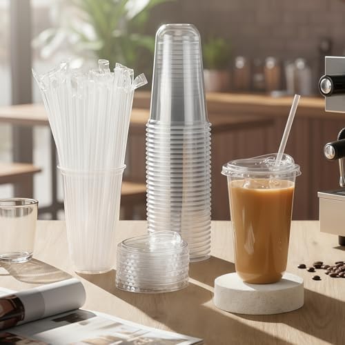 Ziliny 50 Pack 18 Oz Clear Plastic Cups with Lids and Straws, Iced Coffee - Image 2