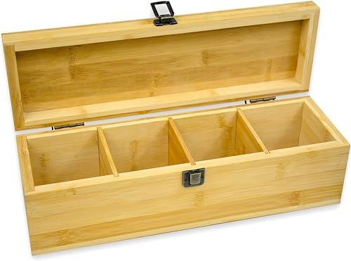 Bamboo Tea Organizer Box Chemical Free Eco-Friendly Big, Tall, Adjustable Cubbies Natural Wooden Storage Chest (4-Slot Across 14.3" x 4.4" x 4.2" with Tea Leaf design) - Image 6