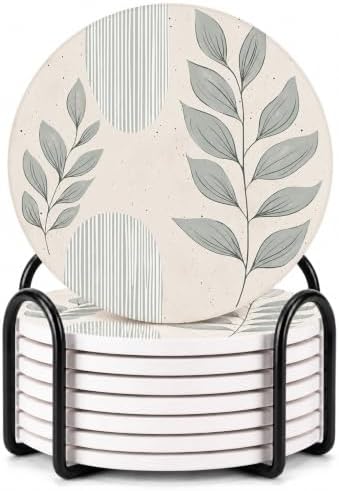VEYRO Ceramic Coasters Set of 6 or 4 – Absorbent Stone Drink Coasters with Holder, Non-Slip Cork Backing, Modern Marble Look Coasters for Coffee Table, Desk & Home Decor (Leaves 1, Set of 8) by Veyro