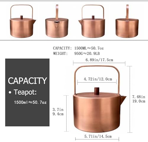 YJX Pure Copper Tea Kettle For Stovetop Safe, Chinese Style Non-Coating Teapot with Stainless Steel Tea Ball For Loose Tea, Durable Tea Pot, 1500ml Kettle - Image 7