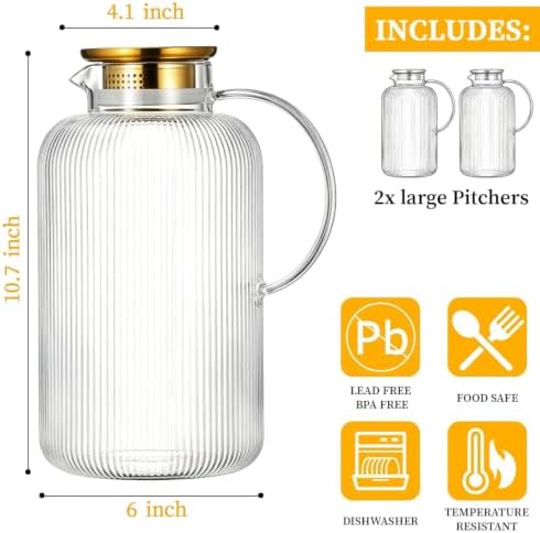 Buaic Glass Pitcher with Lid,128 oz Classic Vertical Stripes Water Pitcher - Image 2