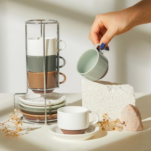 Sweese 2.5 Ounce Espresso Cups Set of 4, Porcelain Stackable Coffee Cups with Saucers and Metal Stand, Earthy Spectrum - Image 3