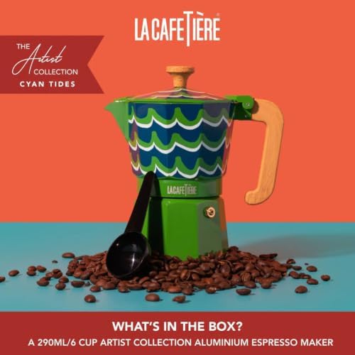 La Cafetière Venice 6 Cup Espresso Maker, 290ml Aluminium Stovetop Coffee Maker with Swirl Design, Gas and Electric Hob Moka Pot with Wooden Handle, Cyan Tides - Image 6
