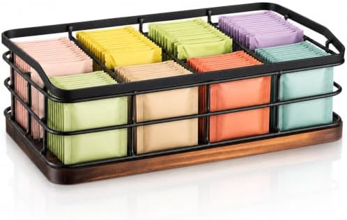 SiliFine 8 Compartments Tea Bag Organizer, Metal Wire with Wooden Base by SiliFine