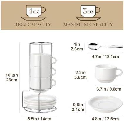 MALACASA Porcelain Espresso Cups Set of 4, with Saucers and Metal Stand, 4 Ounce Stackable Cappuccino Cups, Expresso Shots Cup Ceramic Demitasse Mugs, White with Spoon - Image 2