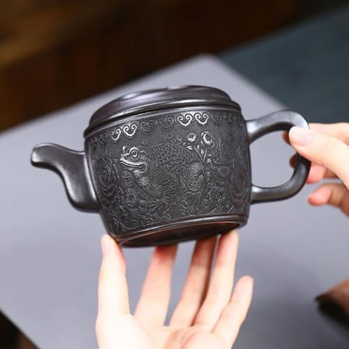 Tea Kettle Retro Hand-engraved Black Clay Ceramic Teapot Chinese Tea Ceremony Tea Set Ceramic Tea Infuser - Image 7