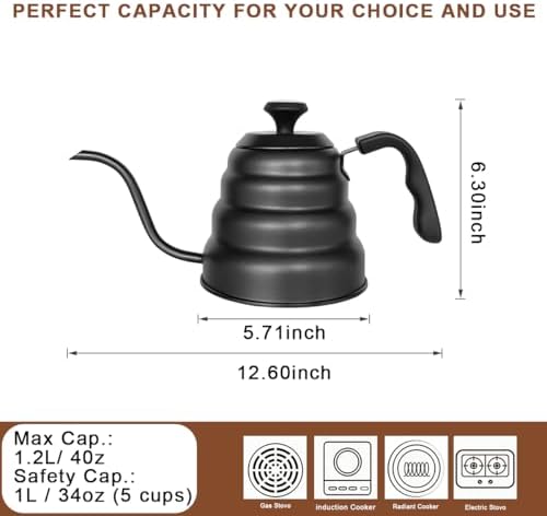 Gooseneck Kettle 1200ml for Pour Over Coffee Stovetop – Stainless Steel Coffee Pot with Precision Spout, 304 Food-Grade BPA-Free, Heat-Resistant Handle, for Gas Electric Ceramic Stove - Image 2