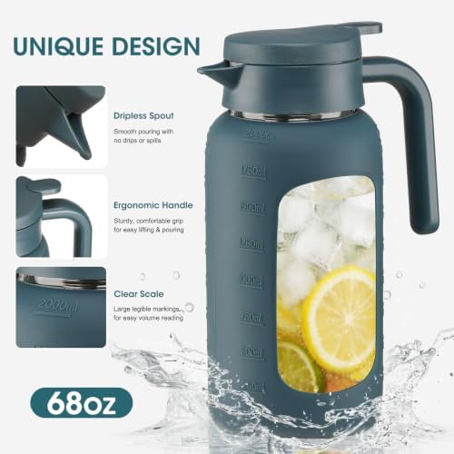68oz Glass Pitcher with Handle and Lid,Borosilicate Leakproof Glass Water Pitcher for Fridge, Multifunctional Iced Tea Pitcher Glass Carafe for Cold Brew Lemonade Juice and Sun Tea - Image 3