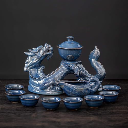 Zurucily Ceramic Teapot with Infuser Semi Automatic Tea Set Magic Teapot with 8 cups Gradient Color (Blue Dragon- A) by zurucily