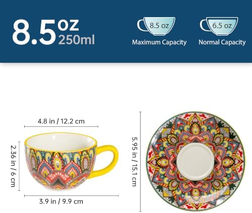Henten Home 8.5 oz Ceramic Cappuccino Cups, Latte Cup with Saucers Set of 2 - Image 2