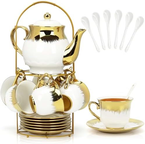 Porcelain Tea Set, Large Ceramic Tea Set for Adults with Metal Holder, 20 Pcs European Tea Cup Set, Luxury Adult Tea Sets Gift, Gold Trim Tea Cup Saucer Sets for Party Deco,1000ML (Gold Trim) by Hebaogugu