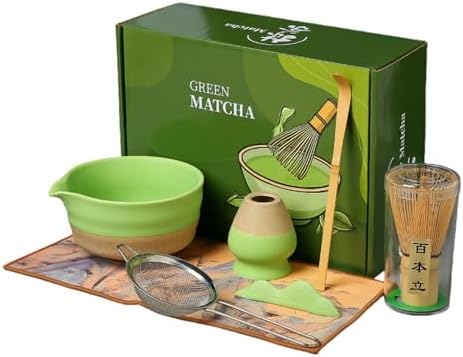 7Pcs Japanese Matcha Whisk Set, Ceramic Matcha Kit with Matcha Bowl,Matcha Whisk, Scoop, Sifter, Whisk Holder Unique Gifts for Matcha Lovers,Gift Box Packaging (Green) by WelcomeToFEISWU