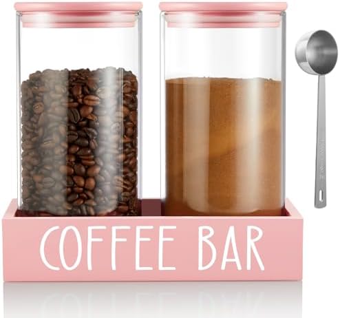 Pink Coffee Canister for Ground Coffee - 2 Pack 45oz Glass Coffee and Sugar Container Set with Airtight Lids and Tray - Pink Coffee Bean Storage Jars for Coffee Bar Kitchen Decor and Accessories by OUTNILI