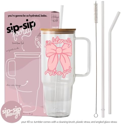 Sip-Sip Hooray! Just a Girl 40oz Glass Tumbler with Lid and Straw, Coquette Bow Pink Hearts Iced Coffee Cup, Gift for Her - Image 2