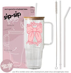 Sip-Sip Hooray! Just a Girl 40oz Glass Tumbler with Lid and Straw, Coquette Bow Pink Hearts Iced Coffee Cup, Gift for Her - Image 2