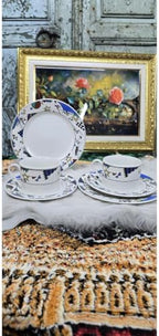 SODEF Vintage Porcelain 6-Piece Tea Cup Set - Geometric Pattern Collection - 2 Person Service with Saucers and Dessert Plates - Ecru Base - Dutch Origin - Image 4