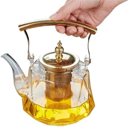 Glass Teapot 1L Glass Teapot With Removable Infuser Filterable Household Heat-resistant Steamed Tea Brewed Transparent for Loose Tea(Copper handle transp) by Unknown