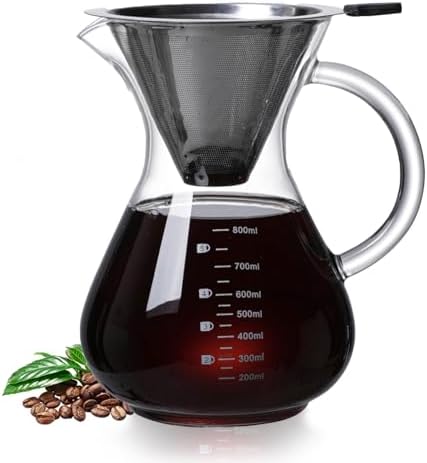 34oz Pour Over Coffee Maker with Stainless Steel Filter, Thickened Heat-Resistant Borosilicate Glass Dripper & Carafe, Stovetop Safe Hand Coffee Brewer with Handle for Home, Office, Camping (34oz) by bositigo