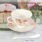 Cup and Saucer Sets of 6 with Spoon, 8oz Ceramic Tea Cups Saucers Set Porcelain New Bone China Floral Vintage Coffee Cup & Saucer Sets -Microwave Dishwasher Safe (Pink) - Image 5