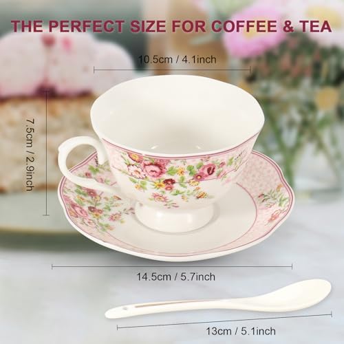 Cup and Saucer Sets of 6 with Spoon, 8oz Ceramic Tea Cups Saucers Set Porcelain New Bone China Floral Vintage Coffee Cup & Saucer Sets -Microwave Dishwasher Safe (Pink) - Image 5