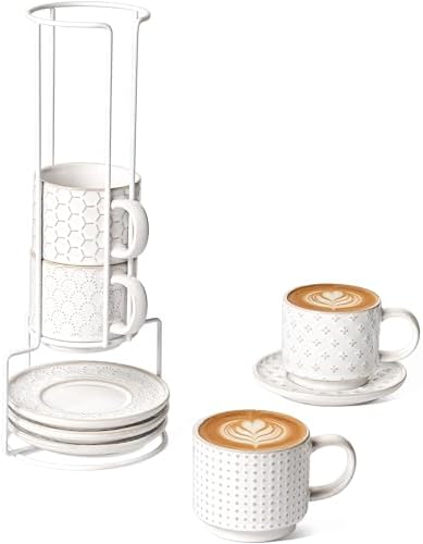 LE TAUCI 6 oz Stackable Cappuccino Cups with Saucers and Stand, Set of 4, Ceramic Coffee Cup Set for Flat White, Tea, Americano, Dishwasher & Microwave Safe - Embossed White by LETAUCI