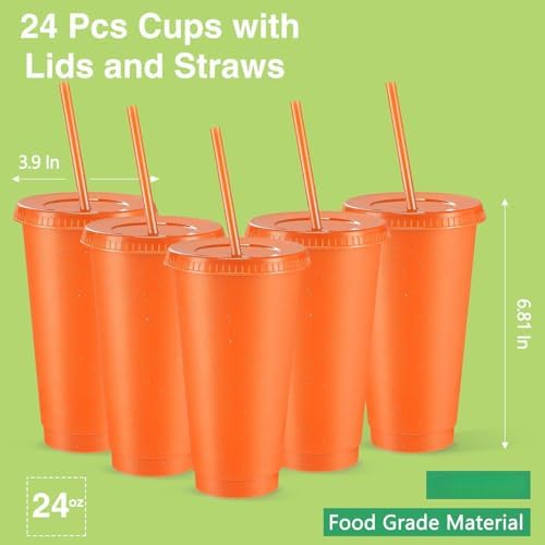 Amyhill 24 Pcs 24 oz Reusable Cups with Lids and Straws, Fluorescent Orange - Image 2