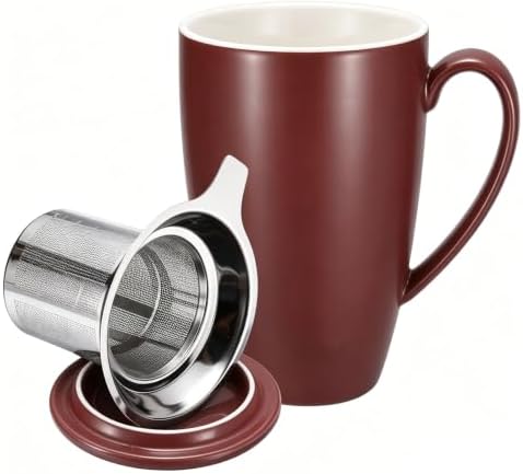 PATIKIL 450 Ml/15 oz Ceramic Tea Infuser Mug with Lid and Stainless Steel Filter | Microwave & Dishwasher Safe Loose Leaf Tea Cup for Office Home Gift, Brownish-red by PATIKIL