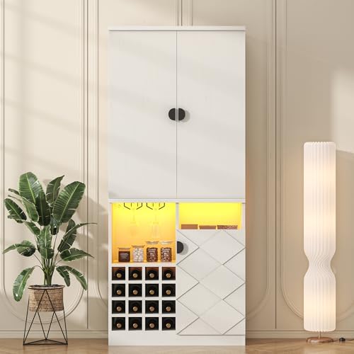 kepptory 72" Tall Wine Bar Cabinet with LED Light, Farmhouse Kitchen Pantry Storage Cabinet with 16 Wine Racks & Glass Holders, Liquor Cabinet for Dining Room Living Room, White by kepptory