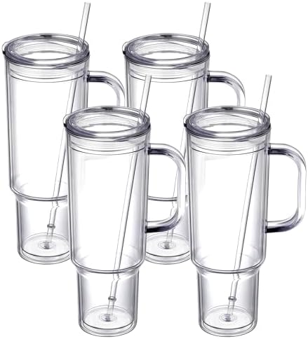 40 oz plastic tumbler with handle and Straw Lid，clear tumbler，Double Wall Vacuum Reusable plastic Water Bottle Travel Mug Cup，Classic Acrylic Tumblers (4 Pack) by smlixe