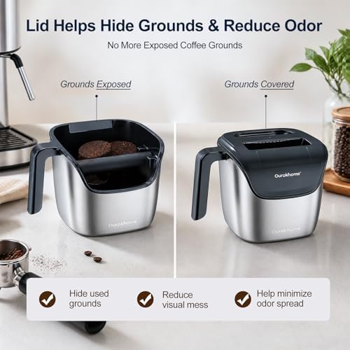 Ourokhome Espresso Knock Box with Lid, Compact Coffee Grounds Container for Home Coffee Bar, Removable Knock Bar, 304 Stainless Steel Exterior, Non-Slip Base & Handle, Easy Clean - Image 4