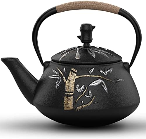 Tea Kettle, Cast Iron Tea Pot with Stainless Steel Infuser, Japanese Tea Pots for Stove Top, Unique Hand Painted Bamboo Pattern, Teapots with Enameled Interior, Tetsubin Tea Kettle, 800ML by Mirkaza