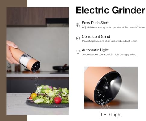 Electric Pepper Grinder and Salt Mill Set - Large Capacity USB Rechargeable Automatic Grinder with Dual LED Lights, One-Handed Operation & Slide Cover - Brushed Stainless Steel - Image 2