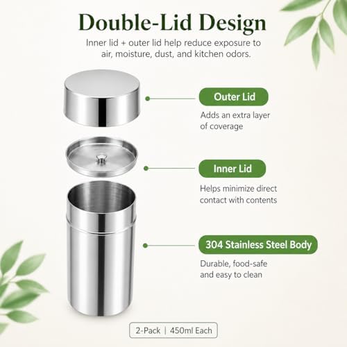 Xuronex 2 Pack Matcha Powder Storage Canisters, 304 Stainless Steel Tea Tins with Double Lids, Small Tea Canister for Loose Leaf Tea, Coffee Grounds, Cocoa, Sugar, Spices, Kitchen Pantry Storage - Image 2